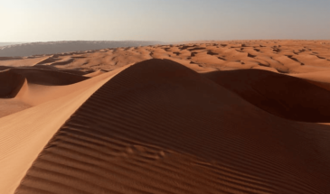Visite et traversée de la route désert Oman avec une vue sur un paysage désertique orangé apaisant.