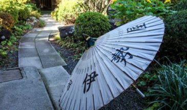 Parapluie japonais : un parapluie blanc avec des écritures en japonais, dans un jardin.