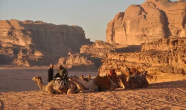 Randonnée en Jordanie : Randonnée à chameaux dans le désert de Wadi Rum en Jordanie.