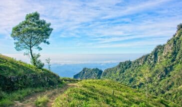Montagnes Devil's Staircase randonnée Sri Lanka : on a la végétation sur les roches montagneuses et le ciel nuageux.
