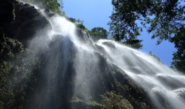 Trek Oslob cascade île Cebu : une magnifique cascade vue d'en bas, avec à côté des arbres et d'un ciel dégagé.