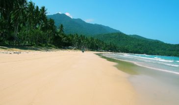 Montagnes et plage Philippines : une personne roule sur le sable, autour il y a des palmiers et des montagnes au loin.