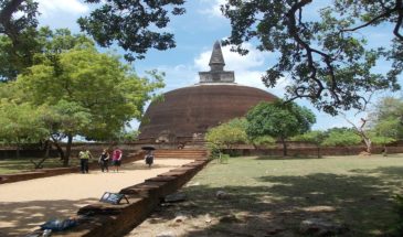 Polonnaruwa Sri Lanka site archéologie : il y a des touristes, un temple et des escaliers avec autour de la verdure.
