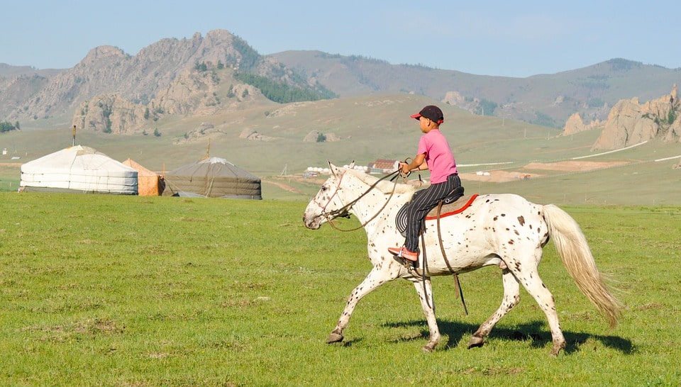 Randonnée cheval Mongolie : une personne à cheval en Mongolie sur une pelouse et des montagnes.