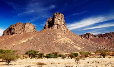 Randonnée dans le désert de l'Essendilene, oasis aujourd'hui inhabitée du Sahara algérien entre montagnes et arbres
