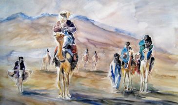 Aquarelle de personnes sur des chameaux dans le désert au Maroc.