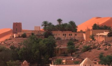 Panorama sur des maisons et des arbres dans le Ghardaia Timimoun, l'oasis posée en bordure de l'Erg