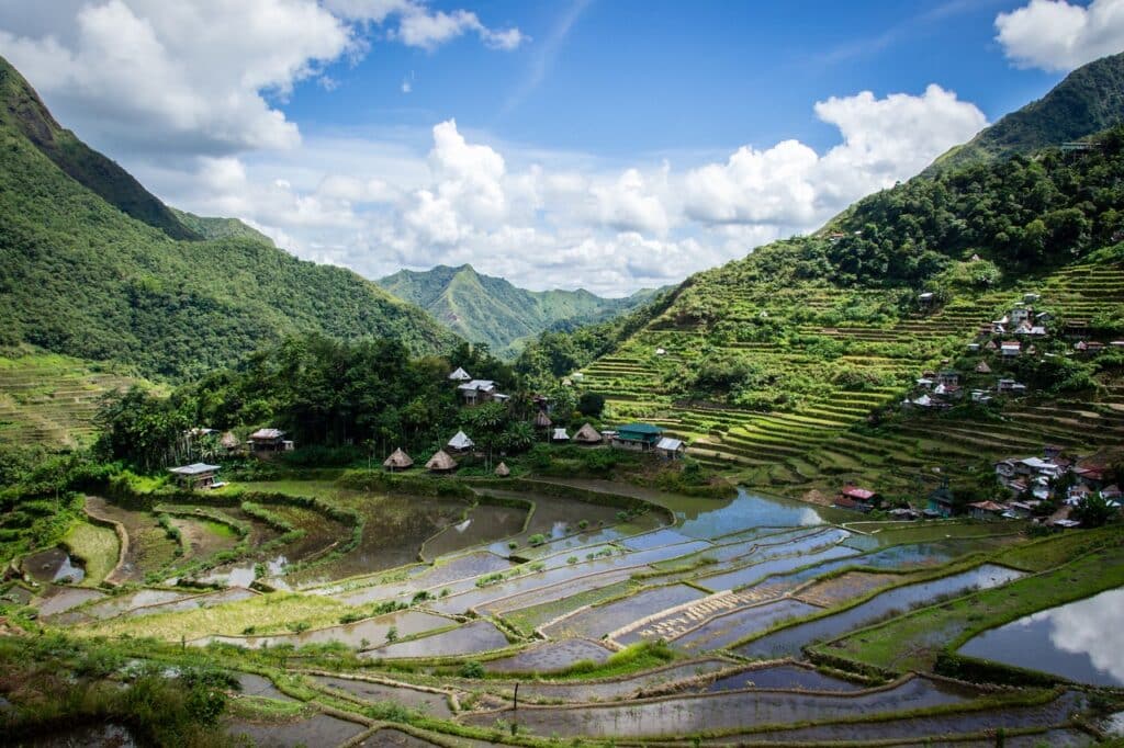 Trek aux Philippines dans les campagnes où est cultivé le riz, entouré de hautes montagnes parsemer de verdure.