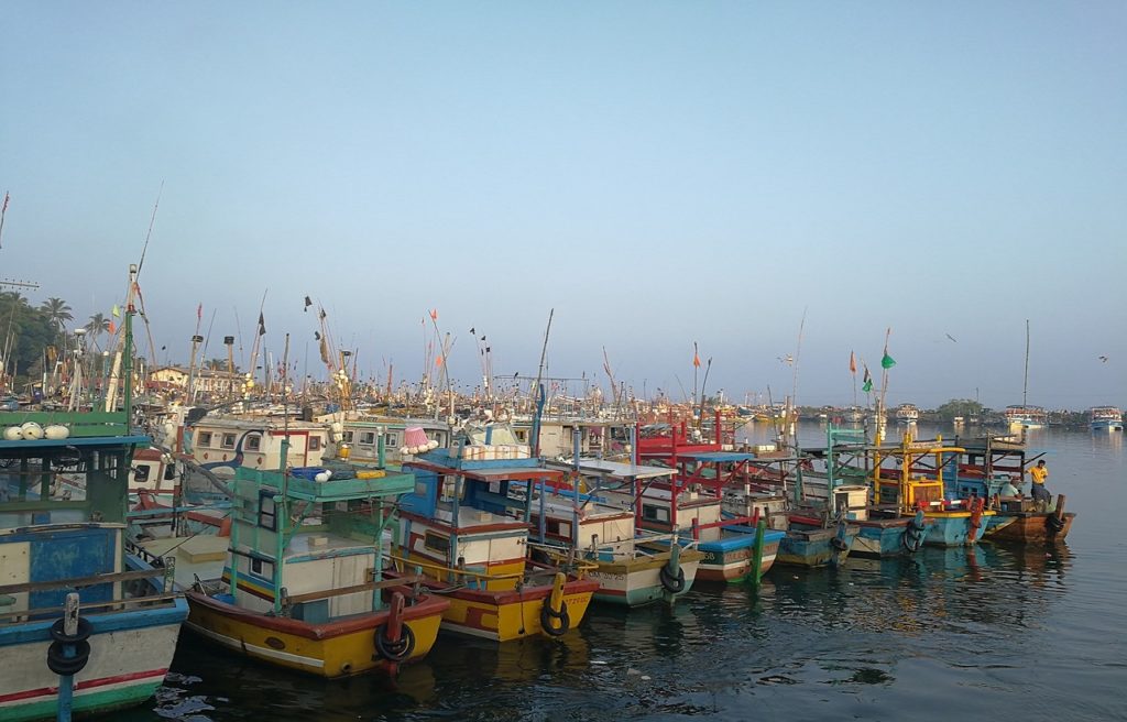 Voyage découverte Sri Lanka : il y a un port avec des bateaux stationné sur la rive et le ciel est brouillardeux.