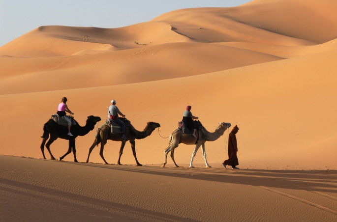 Touristes à dos de chameau traversant le désert dans la vallée du Drâa.