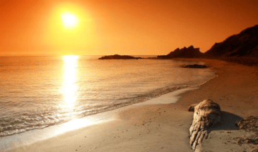 Coucher du soleil avec ses rayons orangés au bord de la mer, nature Corse