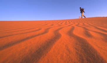 Touriste marchant dans le désert du Grand Erg Occidental