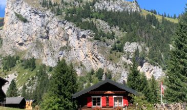 Randonnée en suisse cabane sous le pied d'une colline et entouré d'arbres